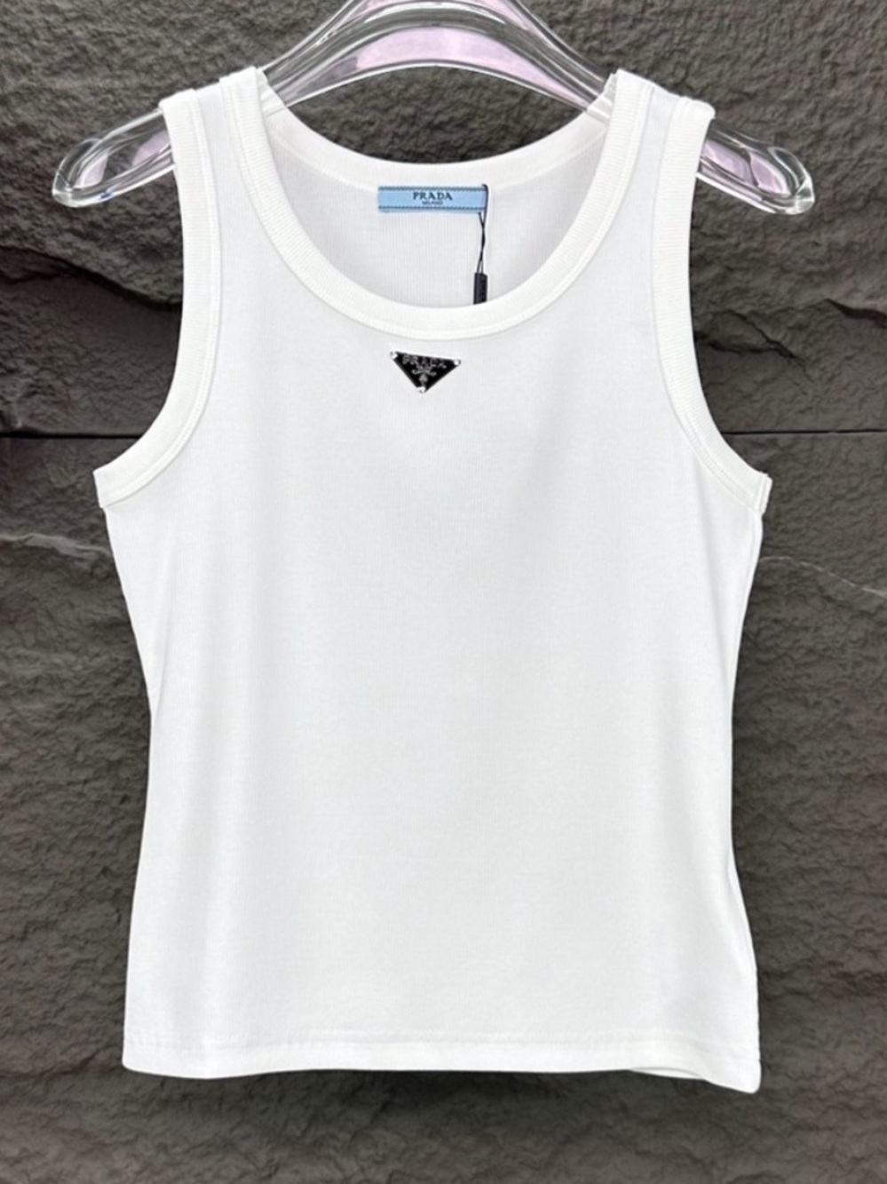 Prada Linea Rossa White Ribbed Tank with Black Triangle Logo